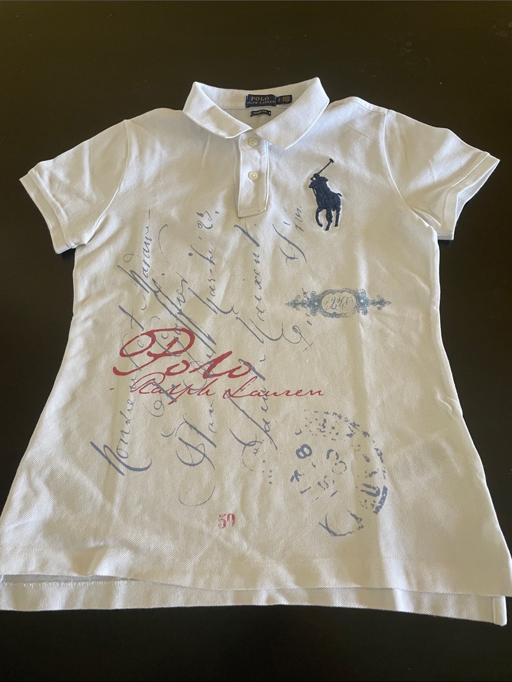 Polo Ralph Lauren White Collard T Shirt with Pony and Red Script